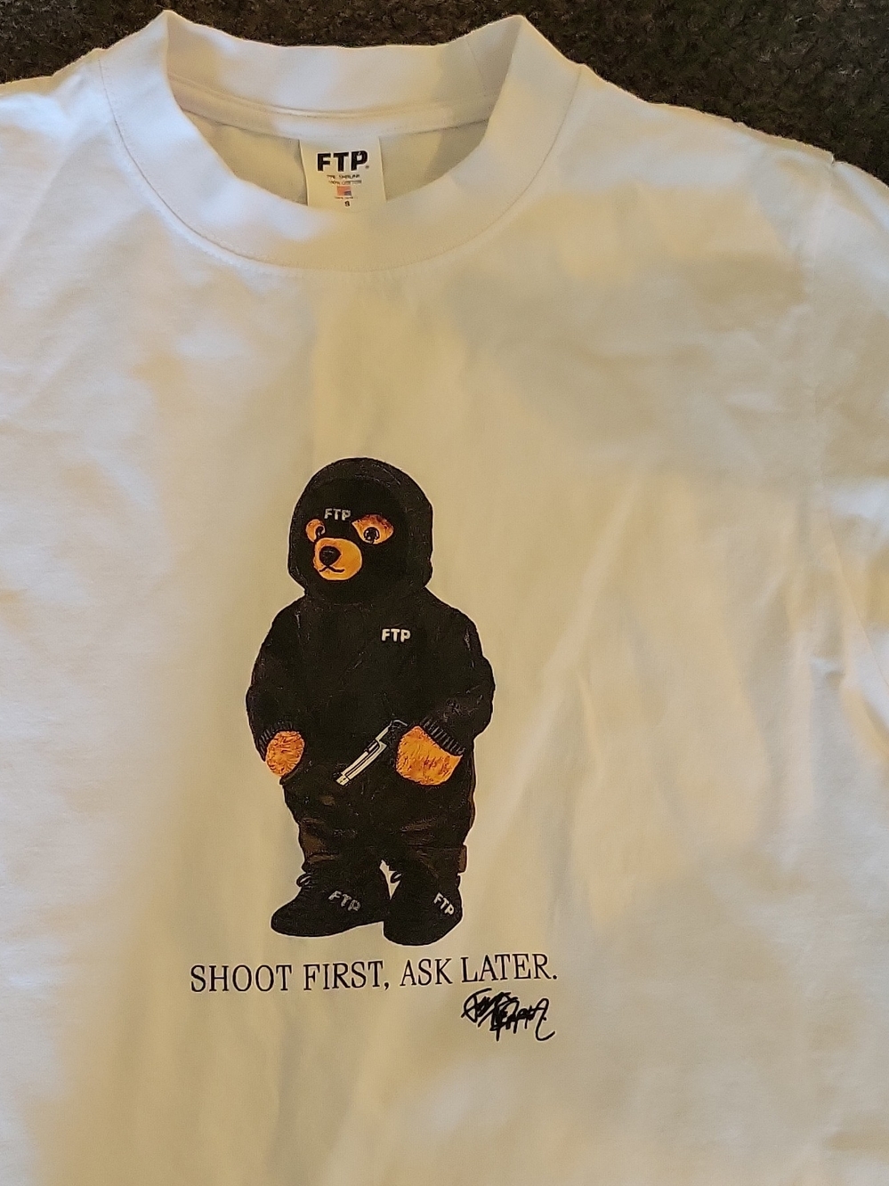FTP White Tee with Black Hooded Bear Graphic and Orange Accents